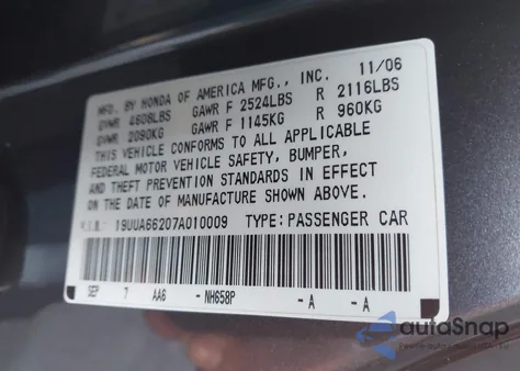 2007 Acura Tl 3.2 из США, поврежденный, VIN 19UUA66207A010009